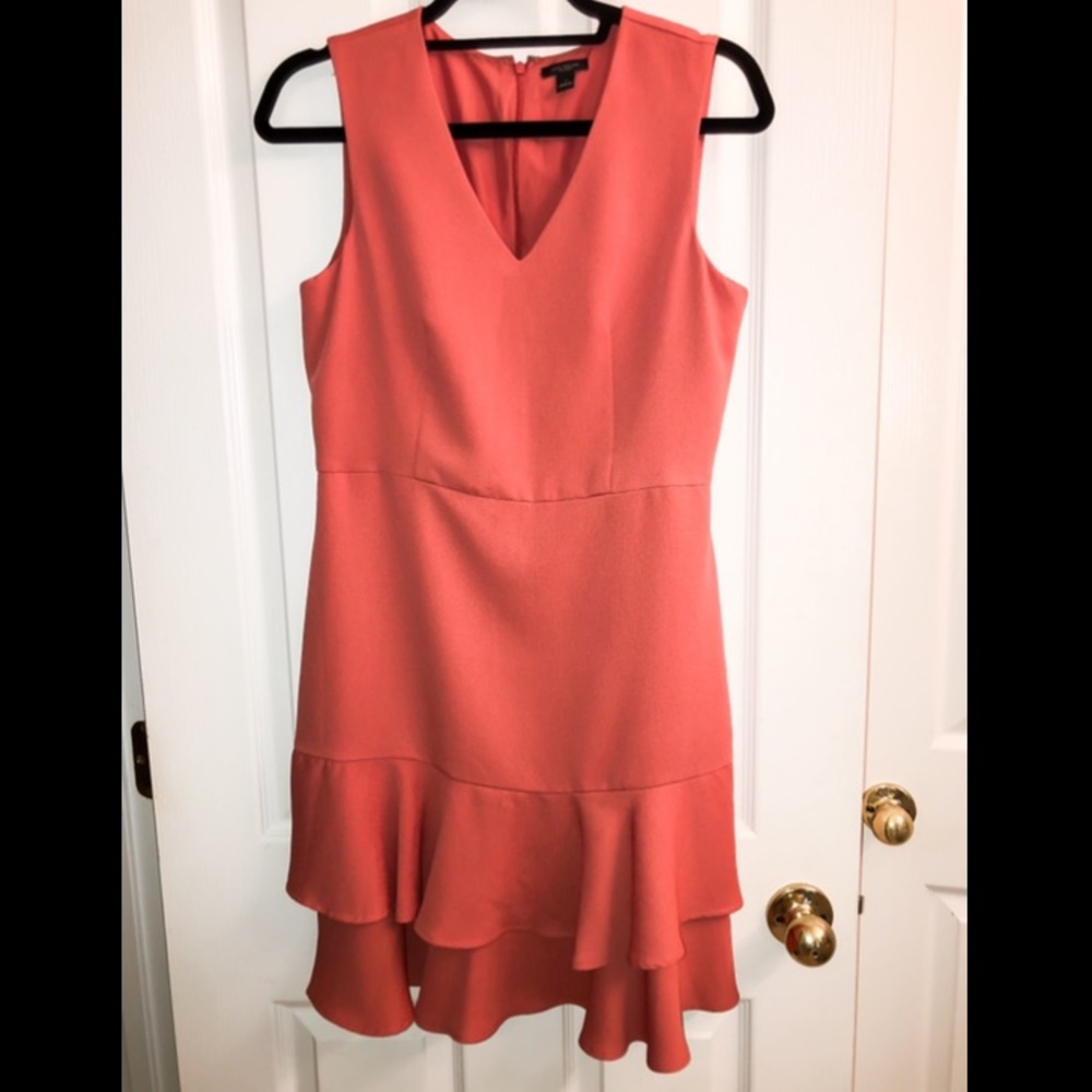 Coral v-neck ruffle skirt dress